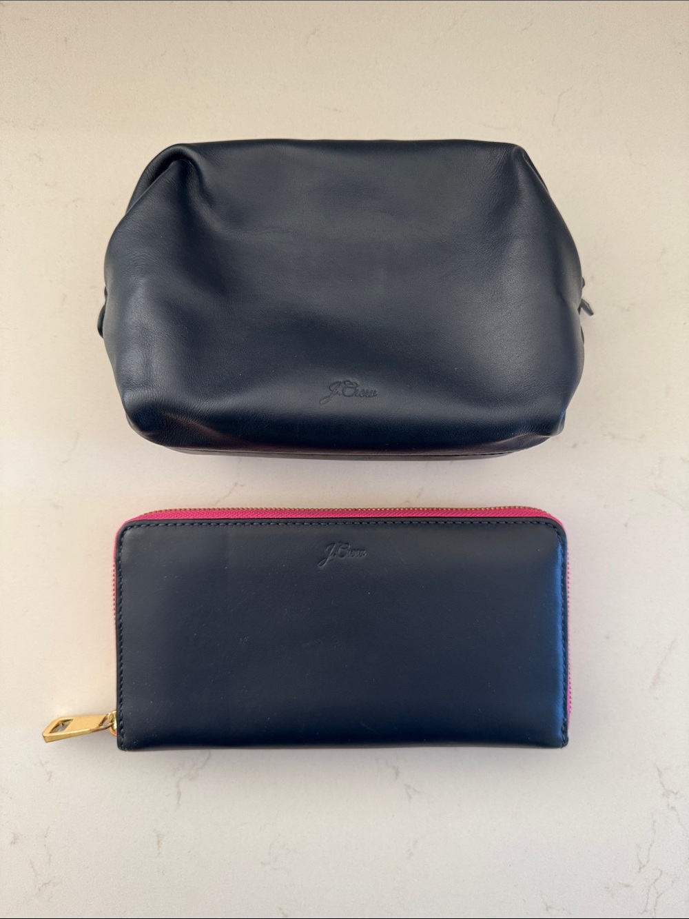 J. Crew Navy Leather Cosmetic Pouch and Zip Wallet with Pink Trim NEW!